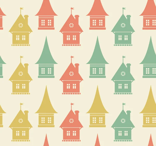 Seamless pattern with different silhouettes of houses. Simple geometrical town background. Cityscape endless texture — Stock Vector