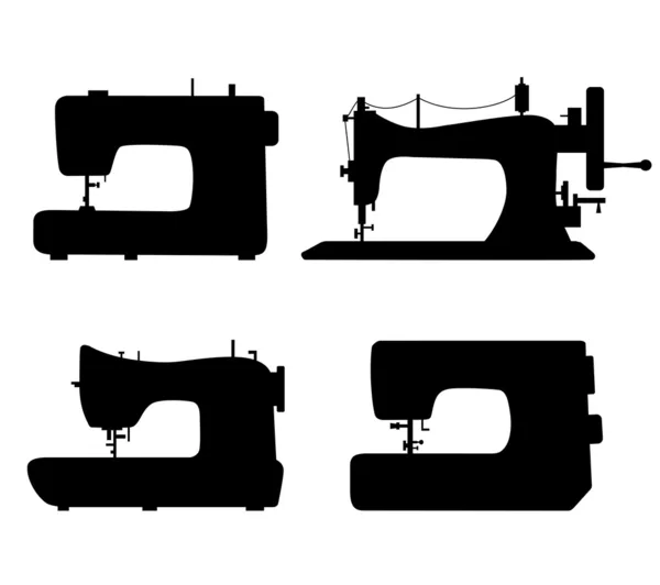 Set of black isolated contour silhouettes of sewing machines. Icons collection of stitching machines. Pictogram — Stock Vector