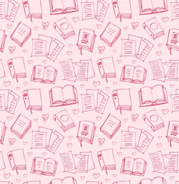 Pattern for girls with books, papers and hearts. Seamless background with sketches of copybooks