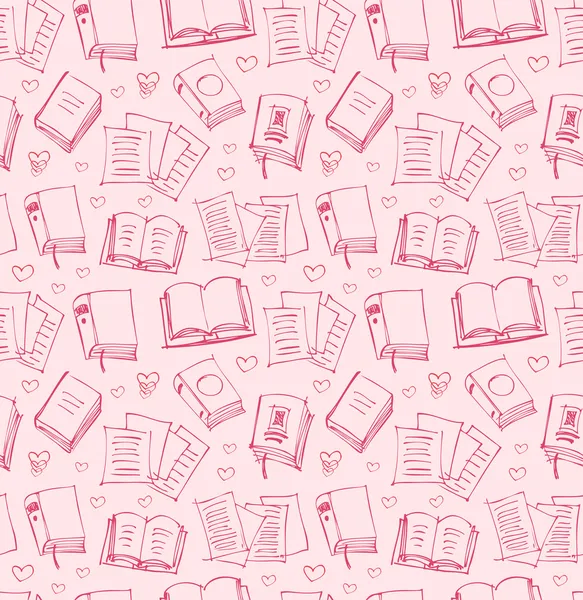 Patrón para niñas con libros, papeles y corazones. Fondo sin costuras con bocetos de copybooks — Vector de stock