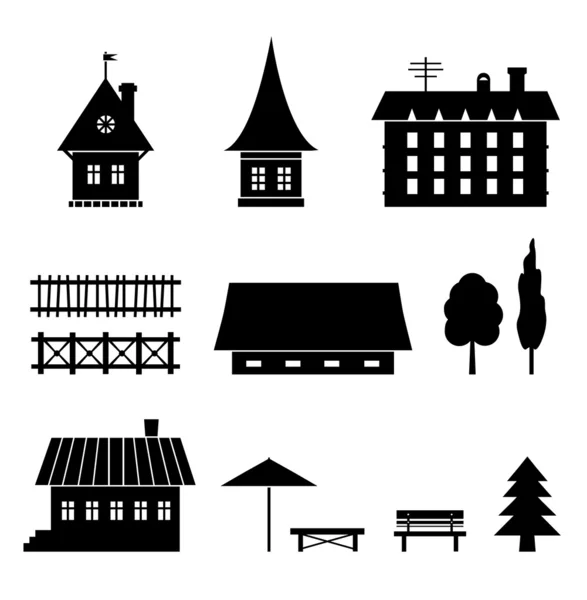 Verschiedene Häuser. Ikonen von Länderelementen. Bäume, Zäune, Häuser, Bänke. Dorfansichten — Stockvektor