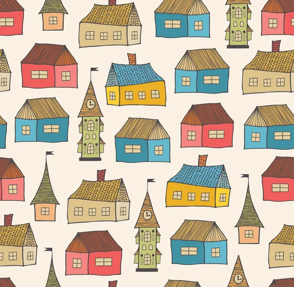 Seamless pattern with different silhouettes of houses. Simple geometrical town background. Cityscape endless texture