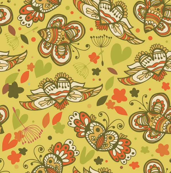 Fondo floral decorativo sin costuras. Patrón con mariposas y corazones de mosca. Textura adornada de tela — Vector de stock