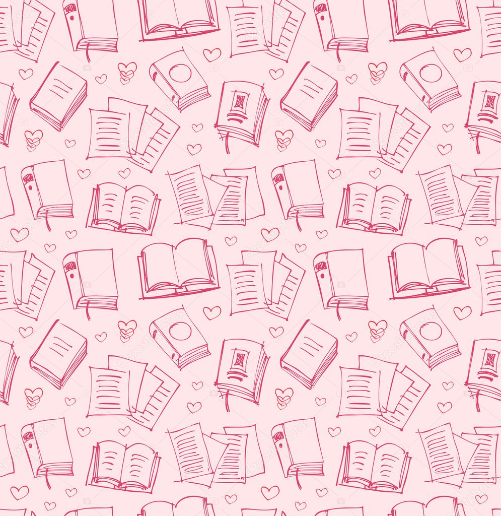 Pattern for girls with books, papers and hearts. Seamless background with sketches of copybooks