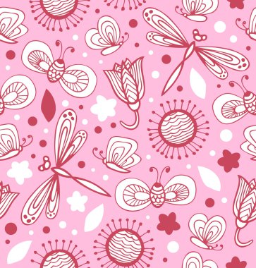 Dekoratif çiçek sorunsuz geçmiş. Kelebekler ve sinek kalpleri ile desen. kumaş süslü doku