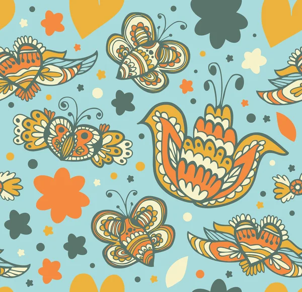 Décoratif floral fond sans couture. Motif avec des papillons et des coeurs de mouche. Texture ornée de tissu — Image vectorielle