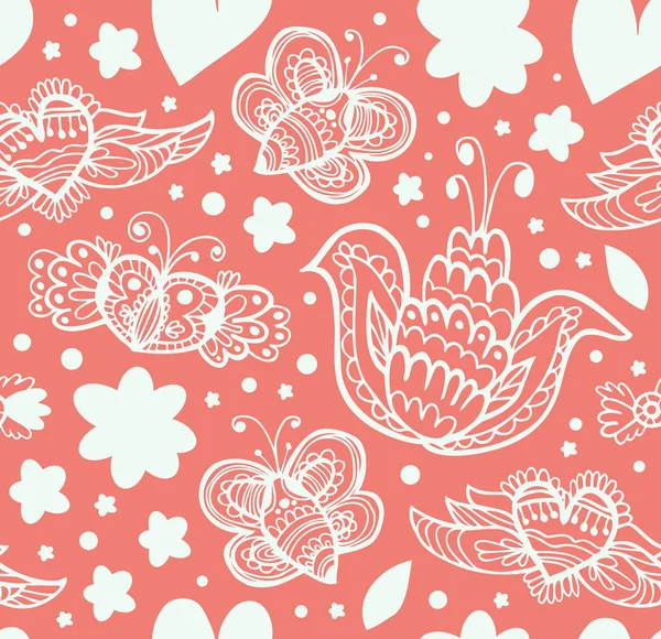 Decorative floral seamless background. Pattern with butterflies and fly hearts. Fabric ornate texture — Stock Vector