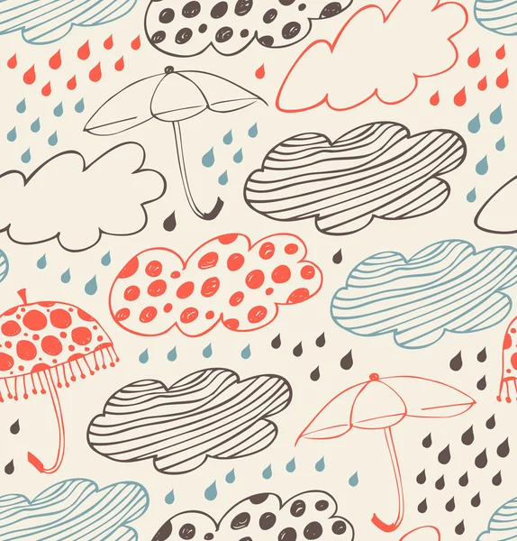 Rainy fundo decorativo sem costura. Padrão ornamentado com nuvens, guarda-chuvas e gotas de chuva. Textura elegante dos desenhos animados com muitos detalhes bonitos —  Vetores de Stock