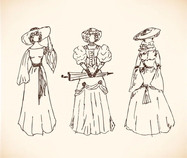 Silhouettes de femmes. Vintage icônes collection de femmes rétro. Ensemble de femmes romantiques en robes modernes. Daguerréotypes images. Pictogramme — Image vectorielle