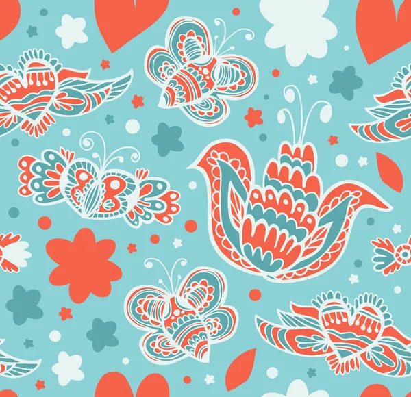 Fondo floral decorativo sin costuras. Patrón con mariposas y corazones de mosca. Textura adornada de tela — Vector de stock