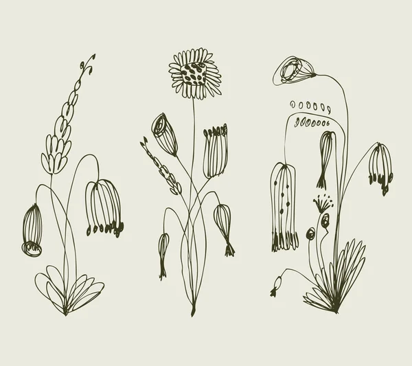 Grungy Blumenset vorhanden. Sammlung von Vintage-Sträußen. Kompositionen mit skizzenhaften Blüten — Stockvektor