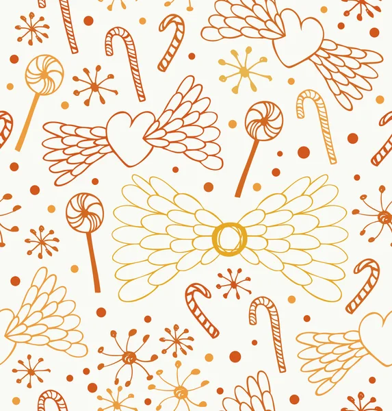 Abstraktní vzor bezešvé. roztomilý krajky pozadí s srdce, andělská křídla, lízátka, cukroví a sněhové vločky. nekonečné lehká textura — Stockový vektor