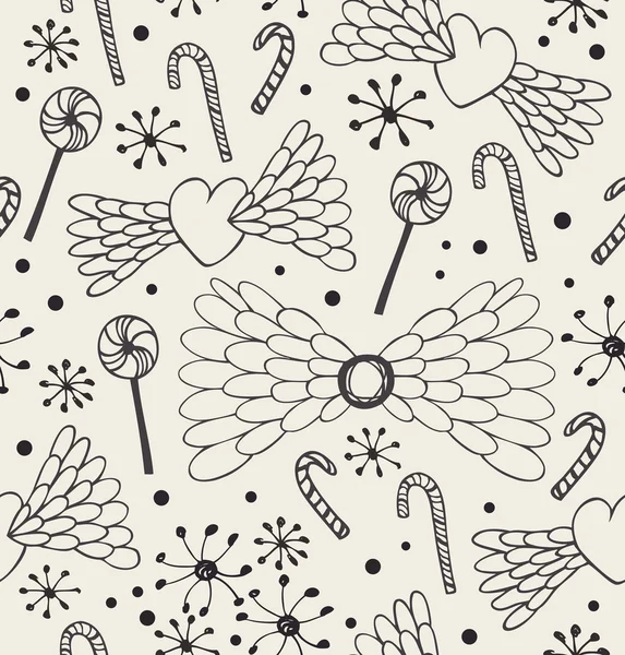 Naadloze abstracte patroon. leuke kant achtergrond met harten, engel vleugels, lollies, sugarplums en sneeuwvlokken. eindeloos licht textuur — Stockvector