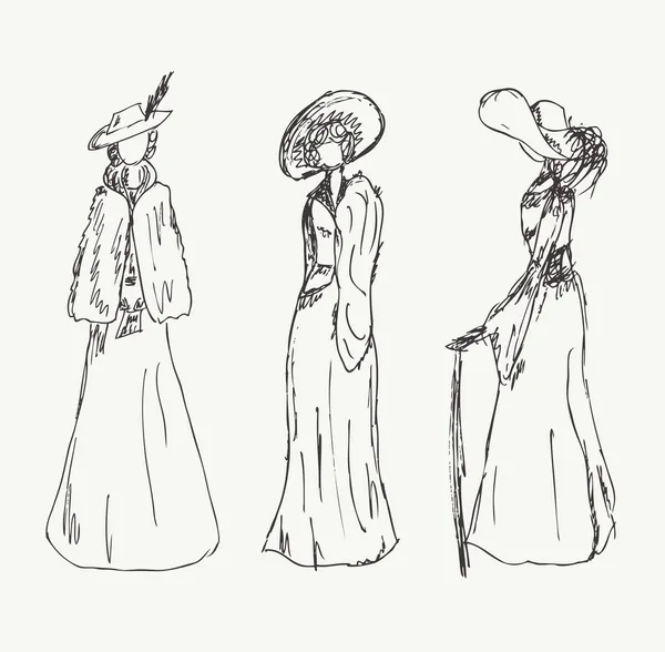 Silhouettes de femmes. Vintage icônes collection de femmes rétro. Ensemble de femmes romantiques en robes modernes. Daguerréotypes images. Pictogramme — Image vectorielle