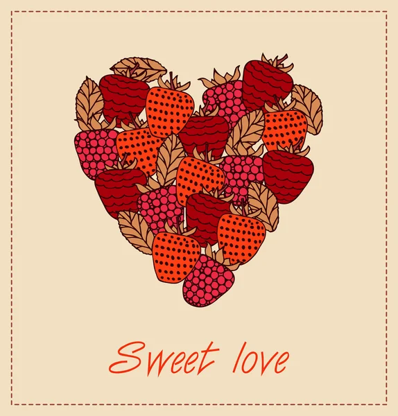 Sweet love. Template with berries and heart for greeting cards, wedding cards, crafts, gifts. Can be print on cups, bags, cards, gifts, souvenirs. Decorative heart berries banner with place for text — Stock Vector