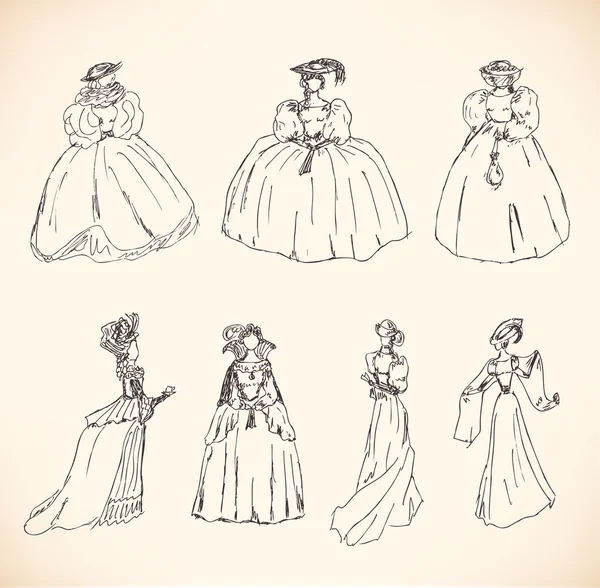 Silhouettes de femmes. Vintage icônes collection de femmes rétro. Ensemble de femmes romantiques en robes modernes. Daguerréotypes images. Pictogramme — Image vectorielle