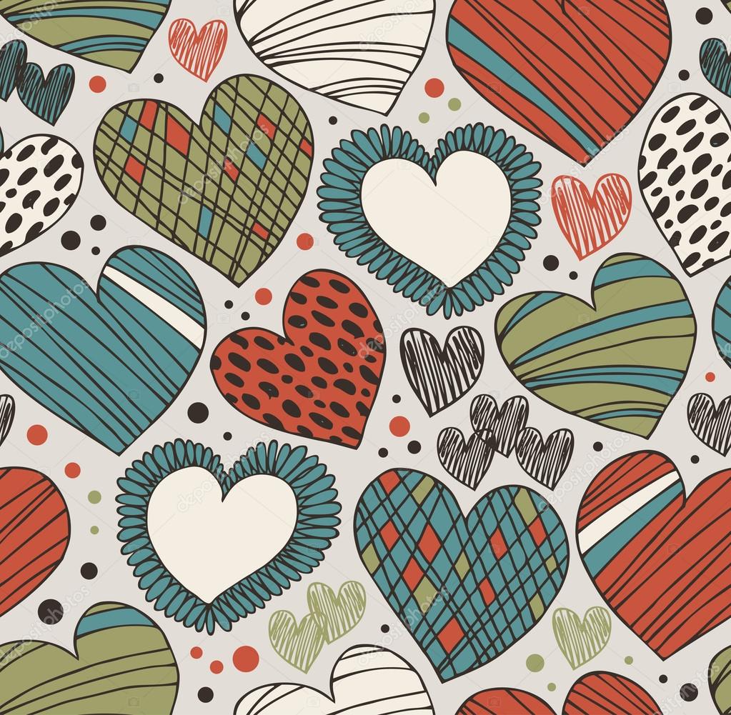Abstract doodle seamless background with hearts. Endless scribble pattern. Abstract cute fabric texture