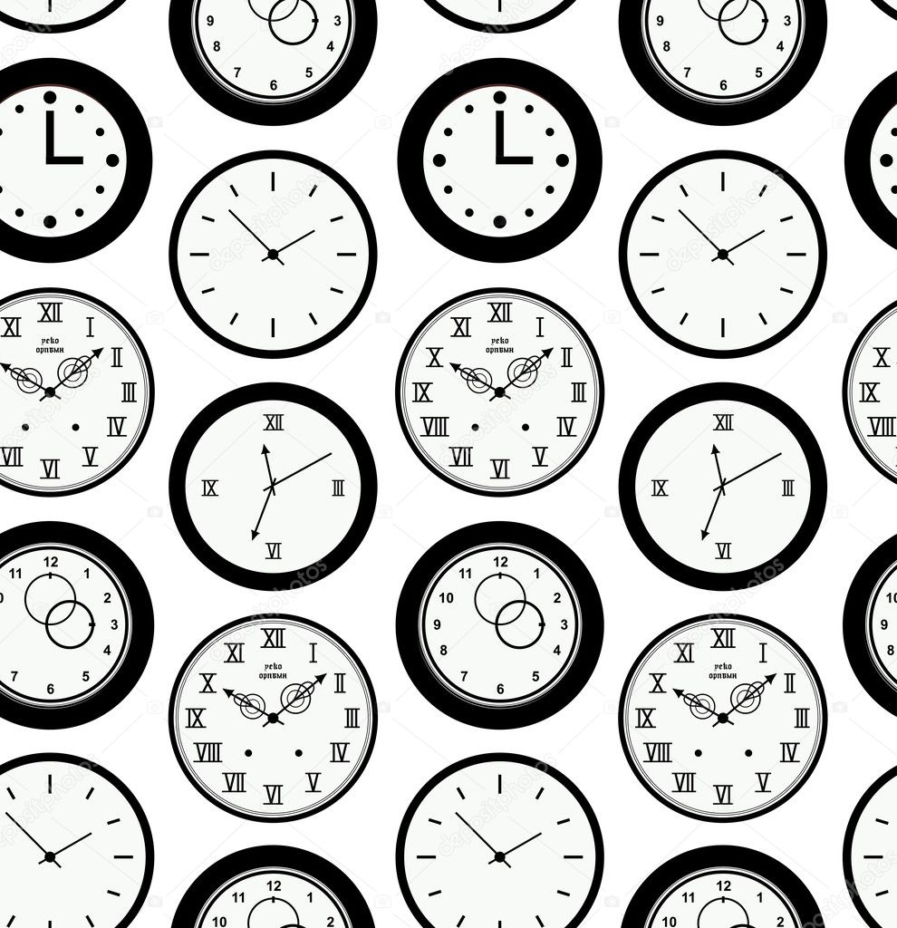 Seamless pattern texture with contours of round clocks. Time outline background