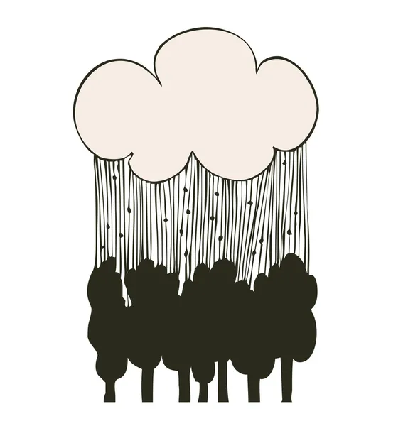 Nuvole lineari di pioggia vettoriale sugli alberi. Paesaggio decorativo silhouette — Vettoriale Stock