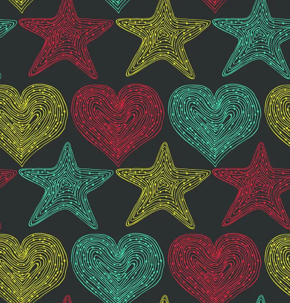 Vector background in grunge style. Linear stars and hearts — Stock Vector