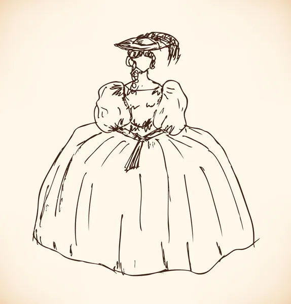 レトロな衣服は女性のスケッチ。ヴィンテージのドレスの女性。手描き下ろしの現代女性のシルエット — ストックベクタ