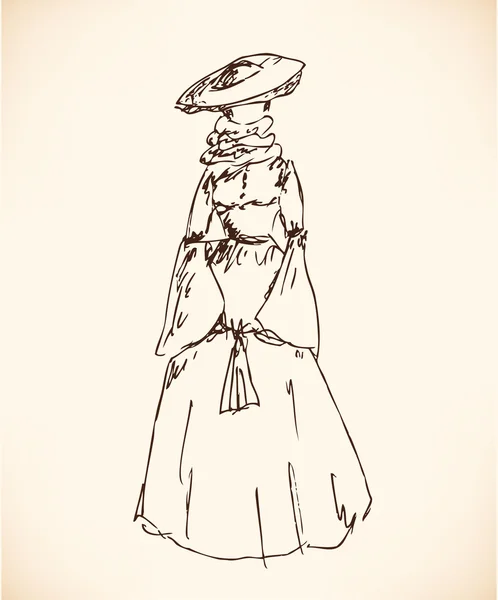 Sketsa wanita dalam pakaian retro. Wanita dengan gaun antik. Gambar tangan wanita modern siluet - Stok Vektor