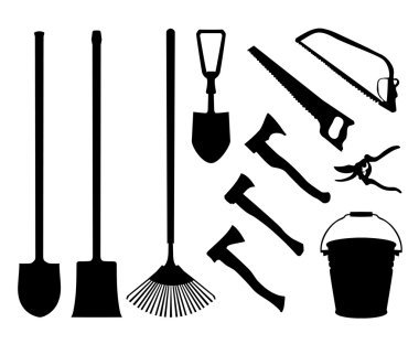 Set of implements. Contour collection of instruments. Black isolated silhouettes of garden tools. Shovel, spade, axe, saw, handsaw, bucket, pail, rake garden shears clipart