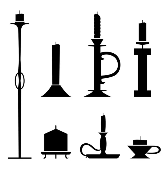 Set of stencil candlesticks with candles. Icon collection of sconces black contour silhouettes — Stock Vector