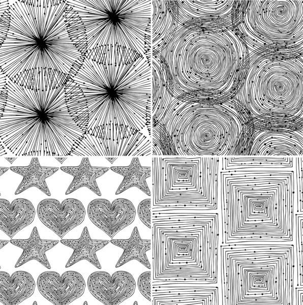 Seamless geometrical background black set. Endless patterns with round elements, dots, spirals, hearts and stars. Background collection can be use for arts, cards, textile, wallpapers, web pages — Stock Vector