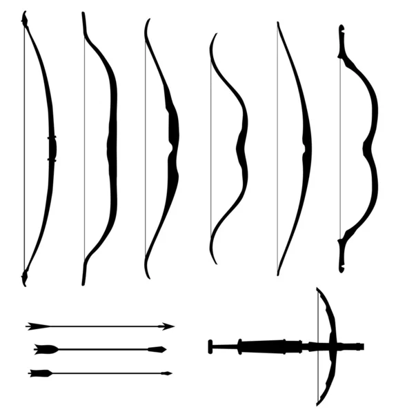 Un par de arcos viejos. Contorno colección de iconos de armas. Siluetas negras aisladas de caza histórica y arcos de batalla. arco, flecha, arbalest, ballesta — Vector de stock