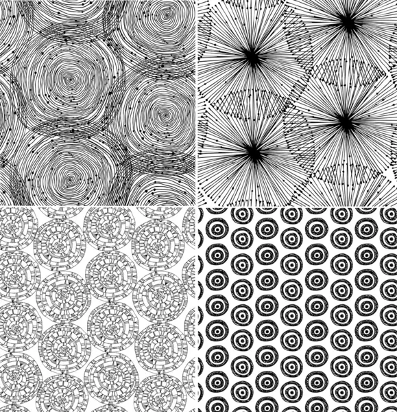 Varrat nélküli geometriai háttér fekete meg. Végtelen minták kerek elemek, pontok, spirálok, szív és csillag. Háttér gyűjtemény lehet használni, a művészetek, kártya, textil, háttérképek, pókháló oldalak — Stock Vector