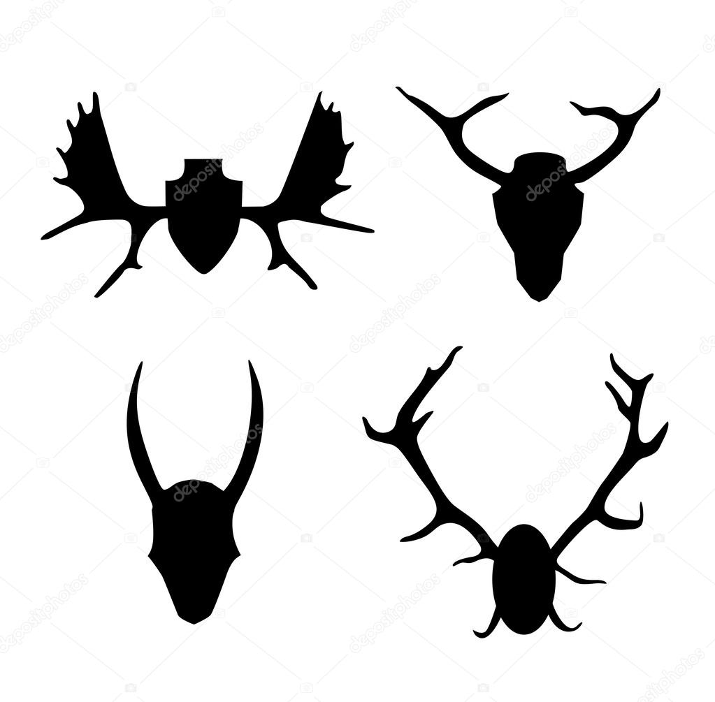 Set of contours horns, antlers. Icon collection black silhouettes of hunting trophies. Interior decorate element