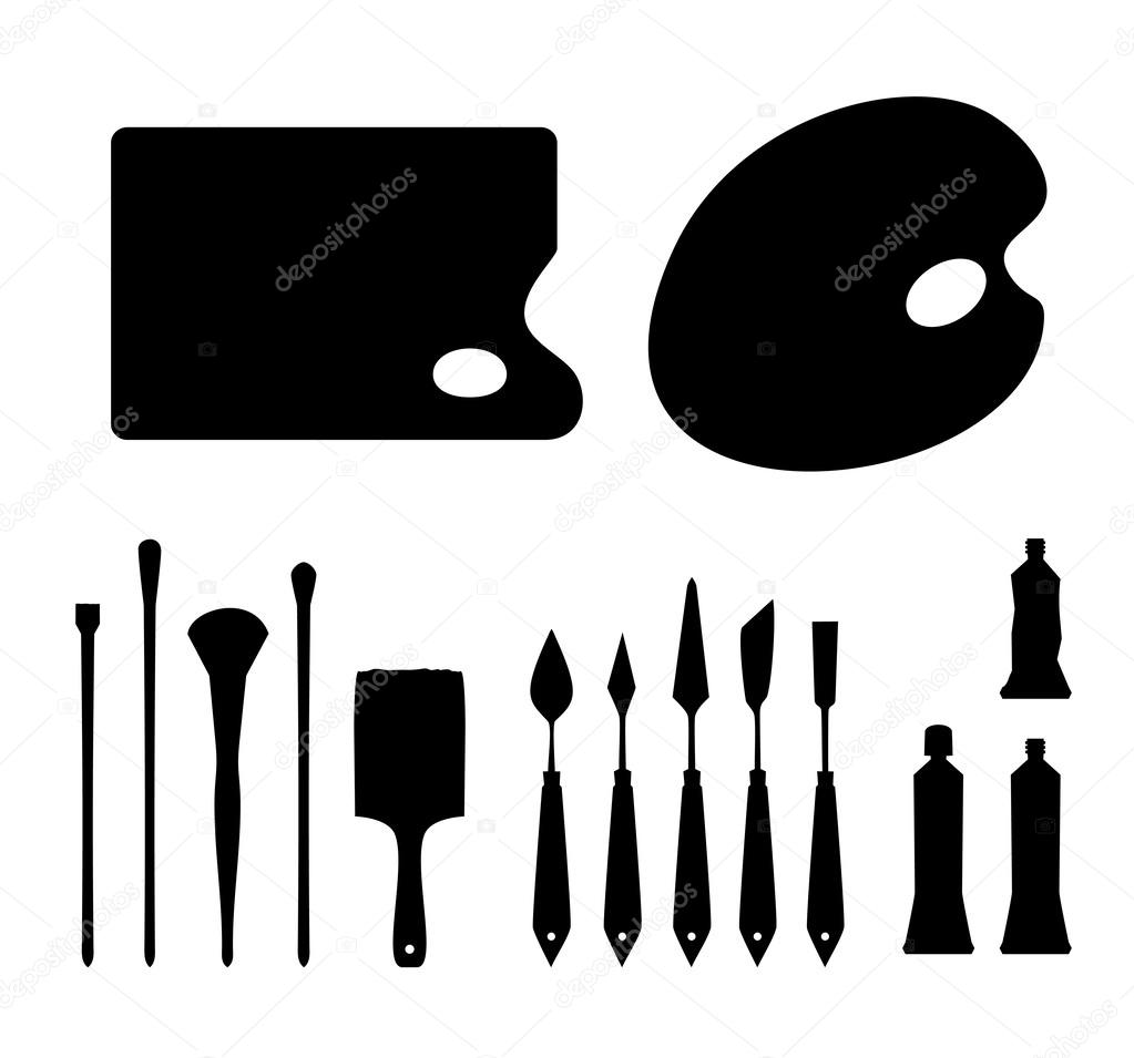 Set of black contour artistic instruments silhouettes. Icon collections of brushes, palette knifes, palettes and tubes of oil colors