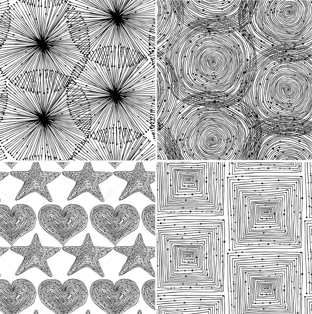Seamless geometrical background black set. Endless patterns with round elements, dots, spirals, hearts and stars. Background collection can be use for arts, cards, textile, wallpapers, web pages