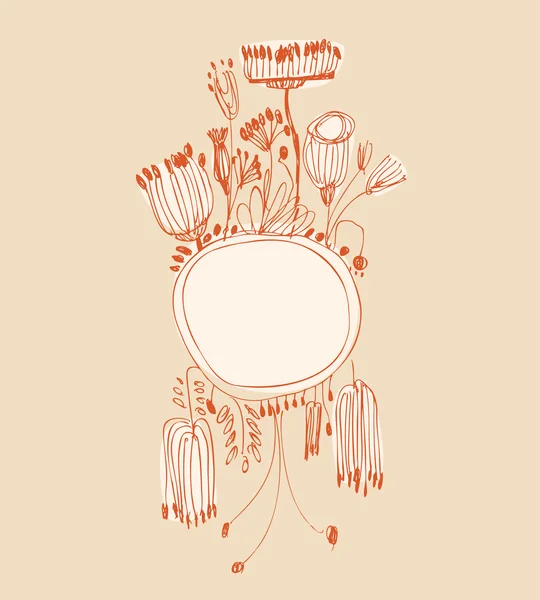 Ручной рисунок оранжевого вертикального баннера с круглой рамкой и местом для текста. Винтажные кружевные открытки с деревенскими цветами и ягодами. Можно использовать для печати на блокноте, открытке, приглашении — стоковый вектор