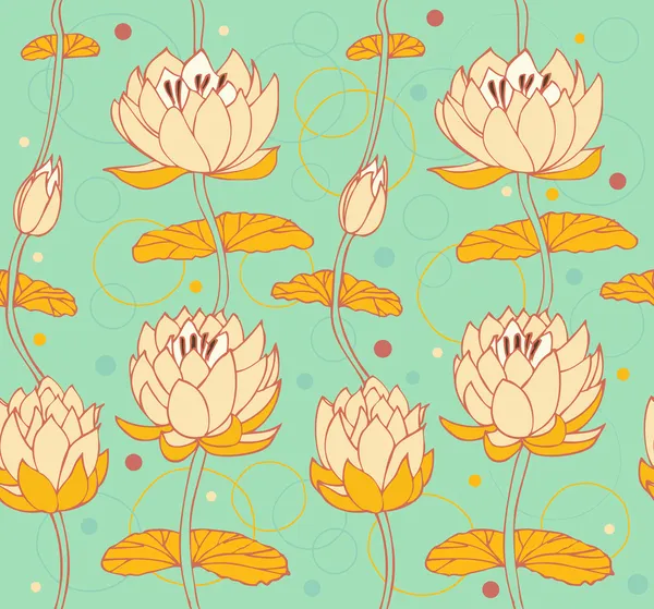 Lotus světlé pozadí. květinový vzor s lekníny. bezešvé roztomilý pozadí lze použít pro pohlednice, umění, tapety, webové stránky, struktura povrchu, oblečení, tisky — Stockový vektor