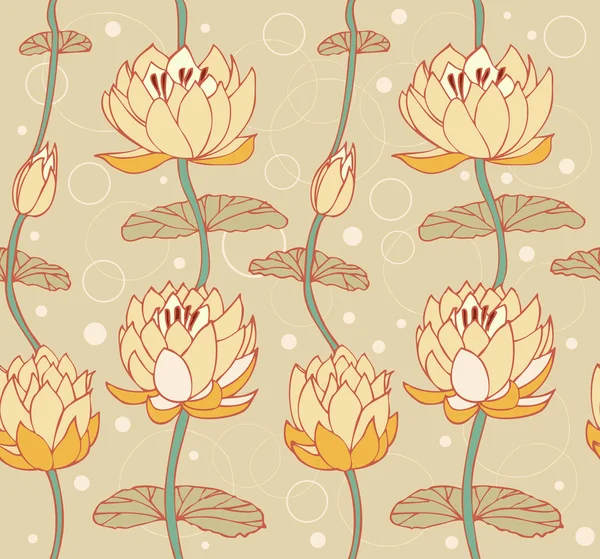 Lotus bright background. Floral pattern with water lilies. Seamless cute backdrop can be used for greeting cards, arts, wallpapers, web pages, surface texture, clothes, prints — Stock Vector