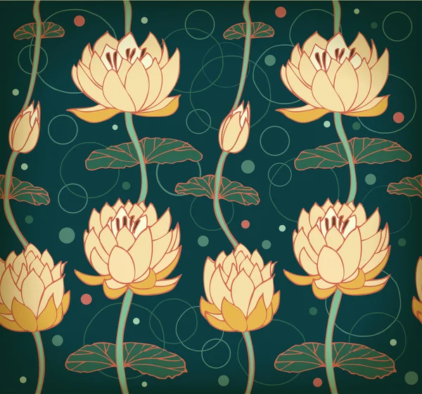 Lotus fond. Motif floral avec nénuphars. Sans couture nenuphar fond mignon peut être utilisé pour les cartes de vœux, carte postale, arts, fonds d'écran, pages Web, texture de surface, vêtements, impressions, tapisserie — Image vectorielle