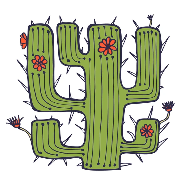 Isolierter Vektor gezeichneter Kaktus mit Blumen und Dornen. stilvolles afrikanisches Element. Wüstenpflanze. kann für den Druck auf Tasche, Tasse, Souvenir, Taschenschablone verwendet werden. Kleidung — Stockvektor