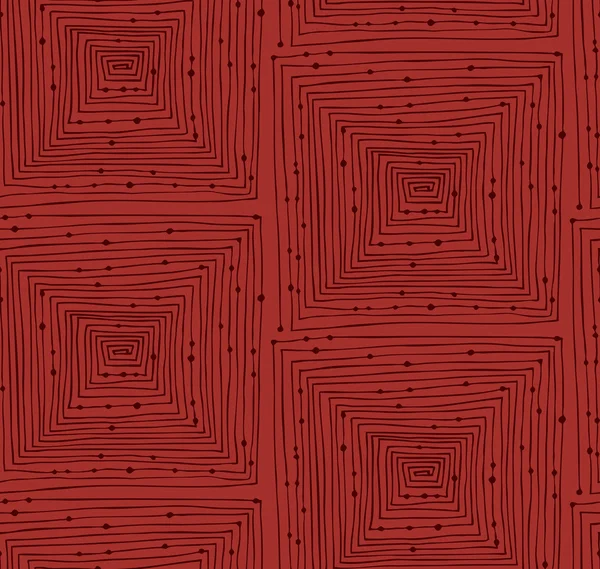 Modello lineare astratto rosso senza cuciture. Sfondo infinito con labirinti. Labirinto. Texture vettoriale disegnata a mano con quadrati e punti — Vettoriale Stock