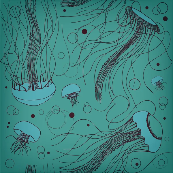 Nahtloses grünes Meeresmuster mit Medusen. Ozeanhintergrund — Stockvektor