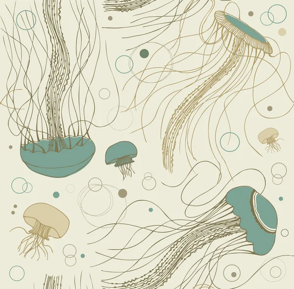 Seamless sandy marine pattern with medusas. Ocean background. Vector illustration — Stock Vector