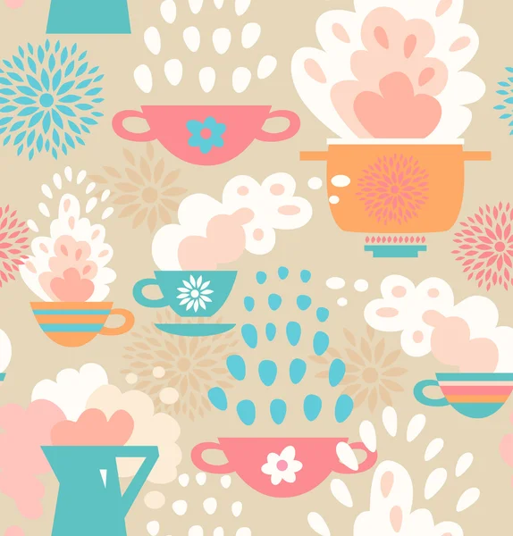 Decorative seamless kitchen pattern. Background with cups, teapots, coffee and pan, saucepan. Pots and pans — Stock Vector