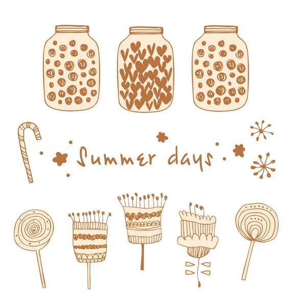 Set vintage de verano con bayas, mermeladas, flores, hojas. Elementos lindos decorativos — Vector de stock