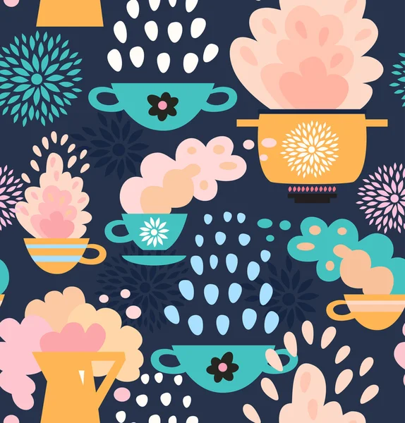 Decorative seamless kitchen pattern. Background with cups, teapots, coffee and pan, saucepan. Pots and pans — Stock Vector