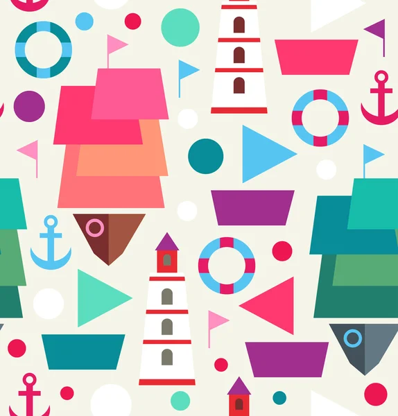 Морской бесшовный декоративный узор. Морской творческий фон с кораблями, лодками, маяками, маяками и якорями — стоковый вектор