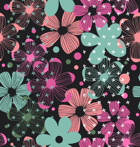 Motif floral orné. Design romantique sans couture avec des fleurs de beauté sur fond noir — Image vectorielle