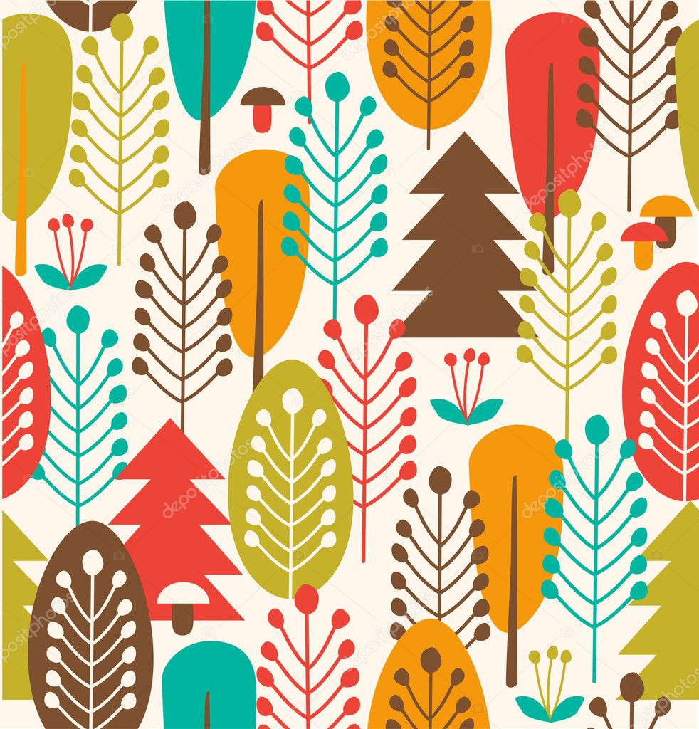 Seamless background with decorative trees. Forest colorful pattern