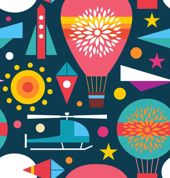 装飾的なシームレスな空パターン。背景、熱気球、ヘリコプター、凧、飛行機スカイ ロケット。幼稚な幾何学的なテクスチャ — ストックベクタ