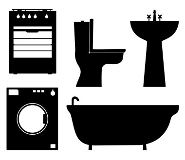 ev aletleri, banyo mobilyaları, siyah izole kontur siluetleri kümesi. simgeler koleksiyonu